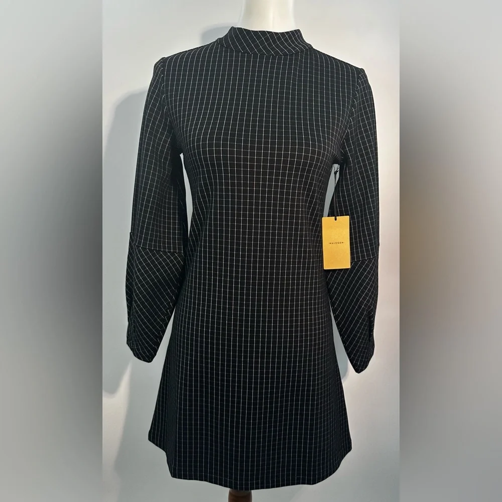 Halogen XXS Black Grid Print Shift Dress Mock Neck Long Sleeve Workwear - Picture 3 of 8